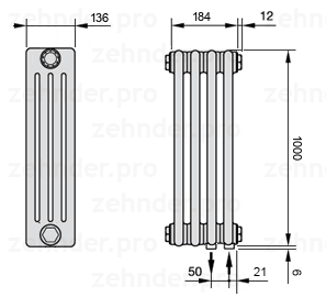 Схема (чертеж) Радиатор Zehnder Charleston 4100/4 №5510 Белый глянцевый RAL 9016